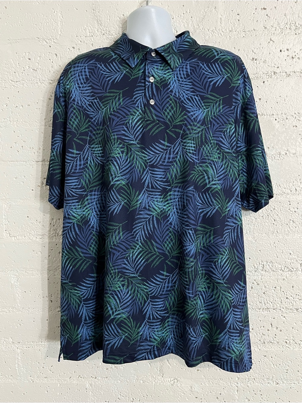 Ben Hogan Mens Polo Golf Shirt 2XL Blue Tropical Palm Leaf Short Sleeve Stretch